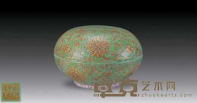 清乾隆 绿地描金缠枝花卉印盒 直径10cm